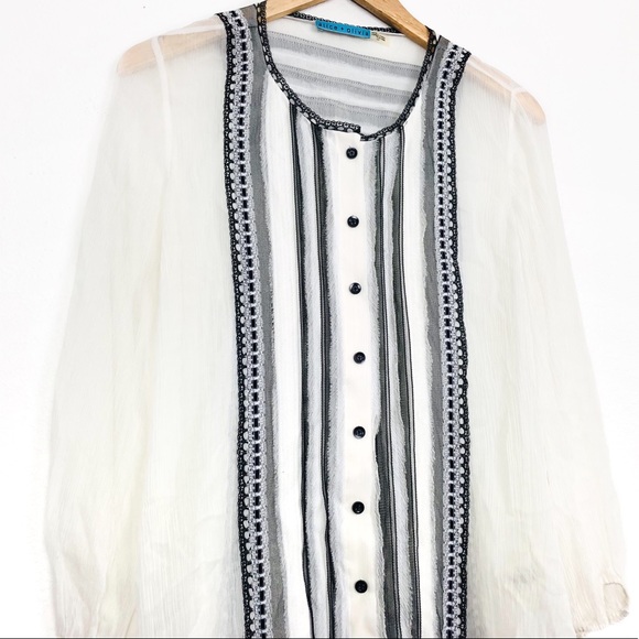 Alice + Olivia Sheer Silk Lace Button Up Blouse - Picture 2 of 10